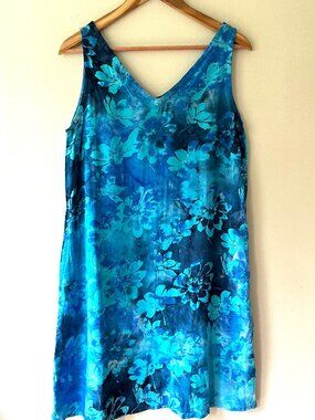Sz M Blue Tie Dye Floral Pullover V Neck Midi Tank Dress with pockets